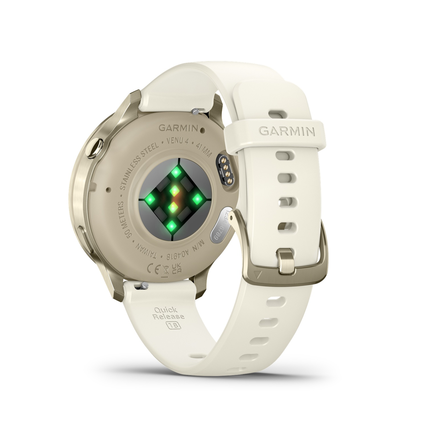 Cream-colored Garmin Venu 4 smartwatch. Back view shows sensors and band. Band is white, buckle is gold. Stainless steel case.