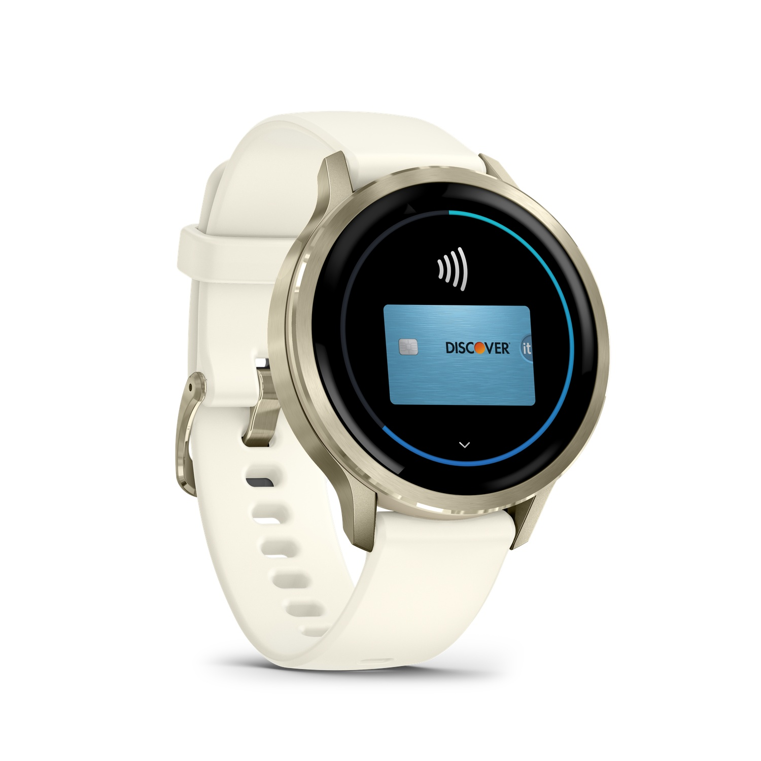 A white smartwatch with a gold bezel displays a Discover credit card on its screen, indicating contactless payment.