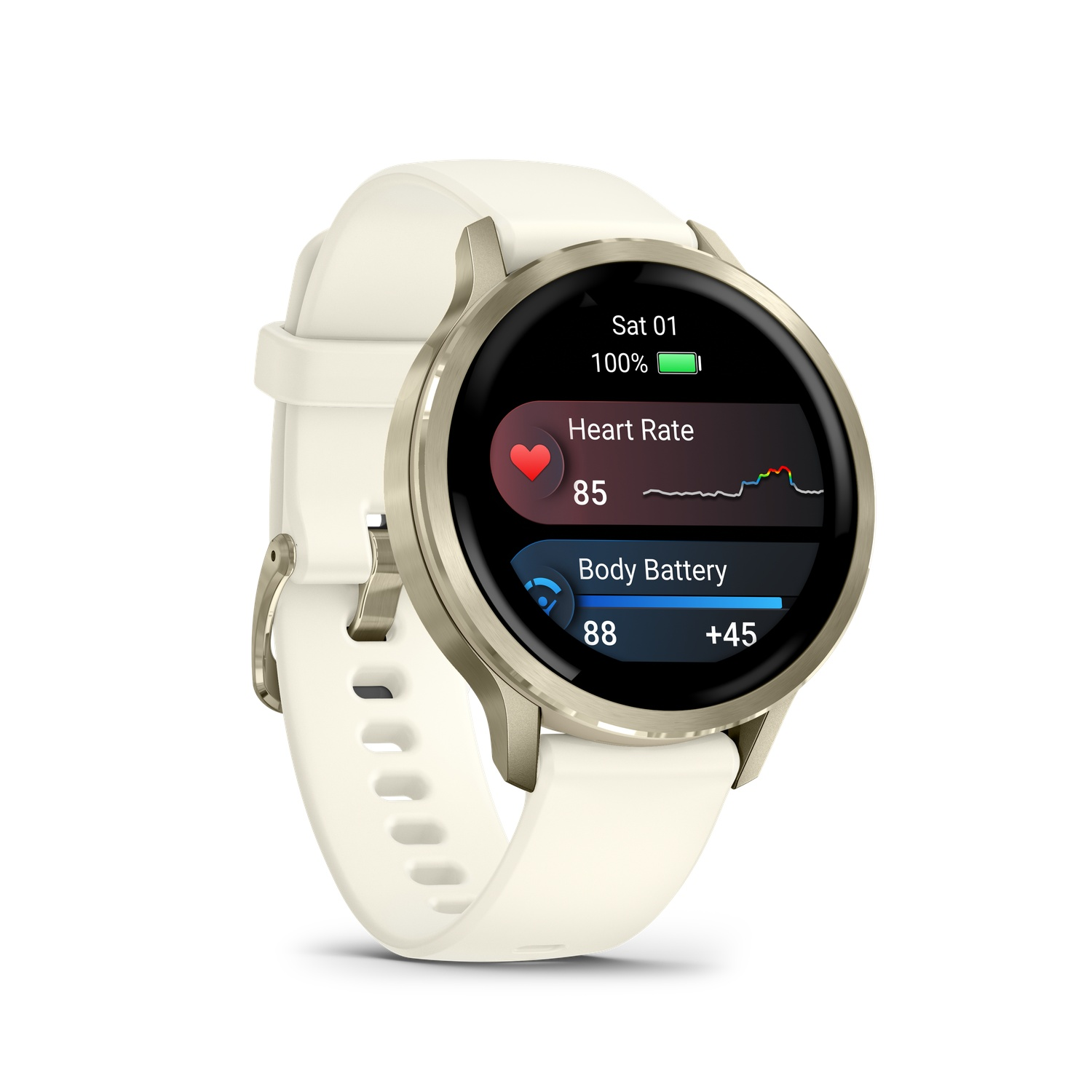 A smartwatch with a cream-colored strap displays heart rate, battery, and time. The watch has a gold bezel.