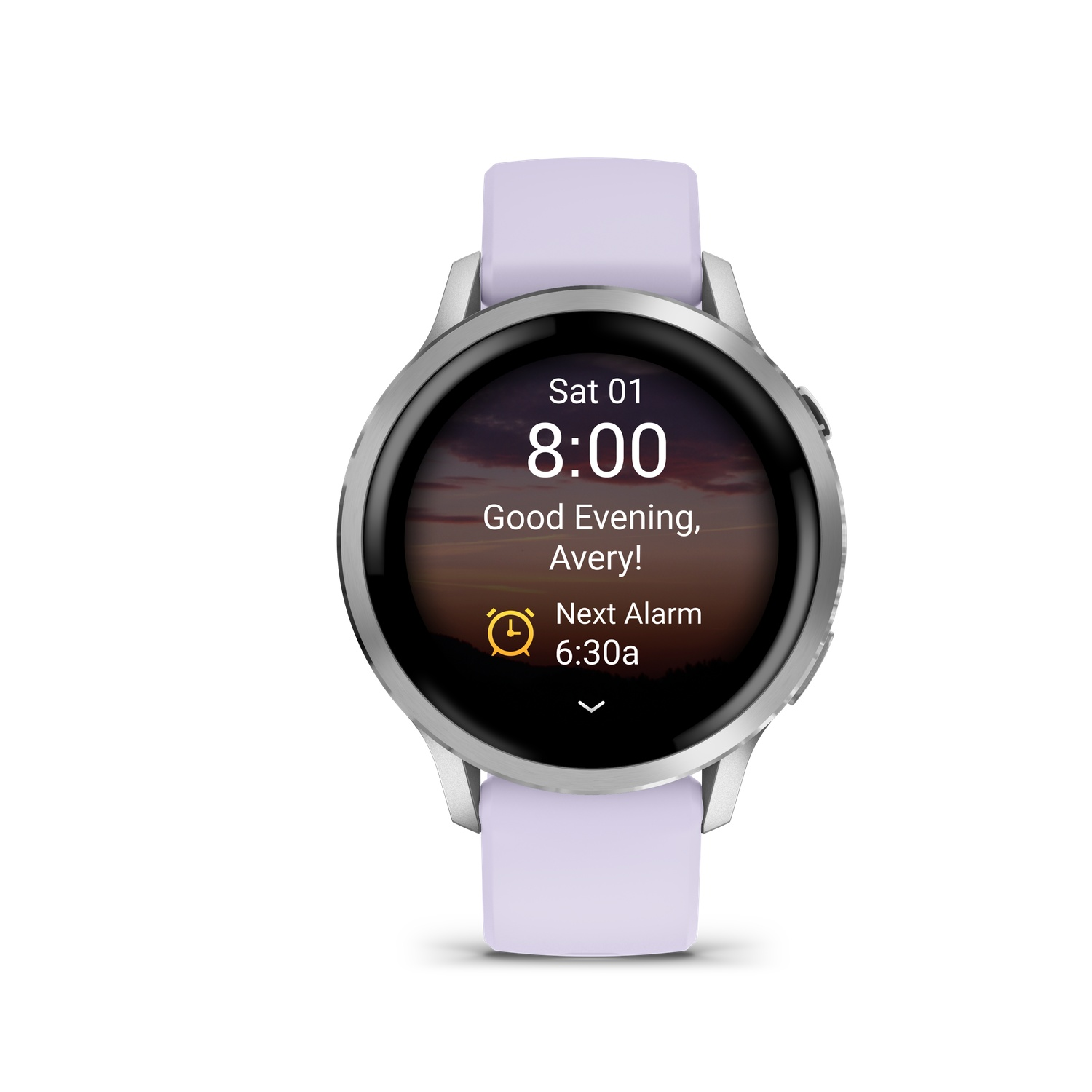 A silver smartwatch with a lilac strap displays the time: 8:00. It says "Good Evening, Avery!" and shows a next alarm.