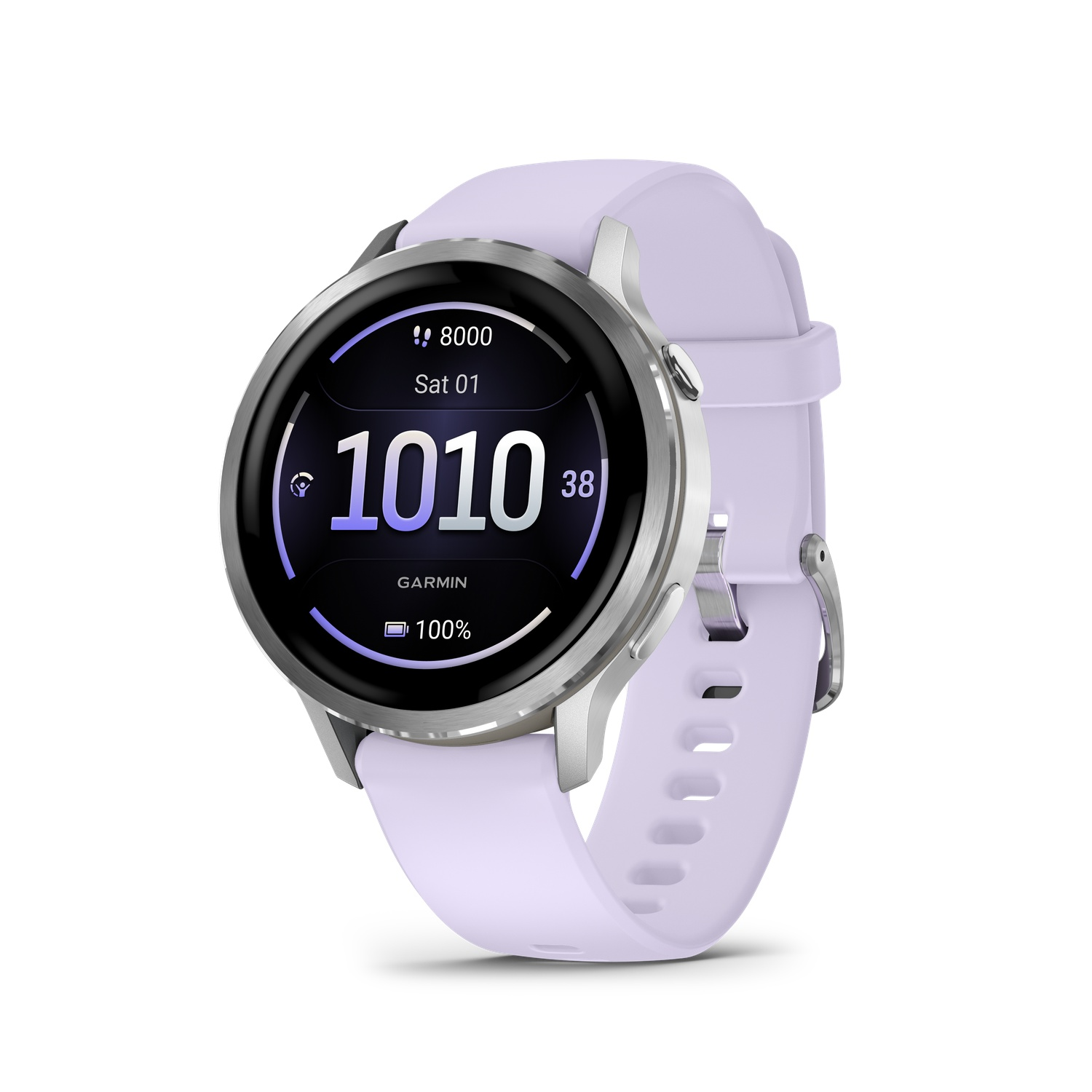 A Garmin smartwatch with a light purple band. The watch face displays the date, time, steps, and battery life.
