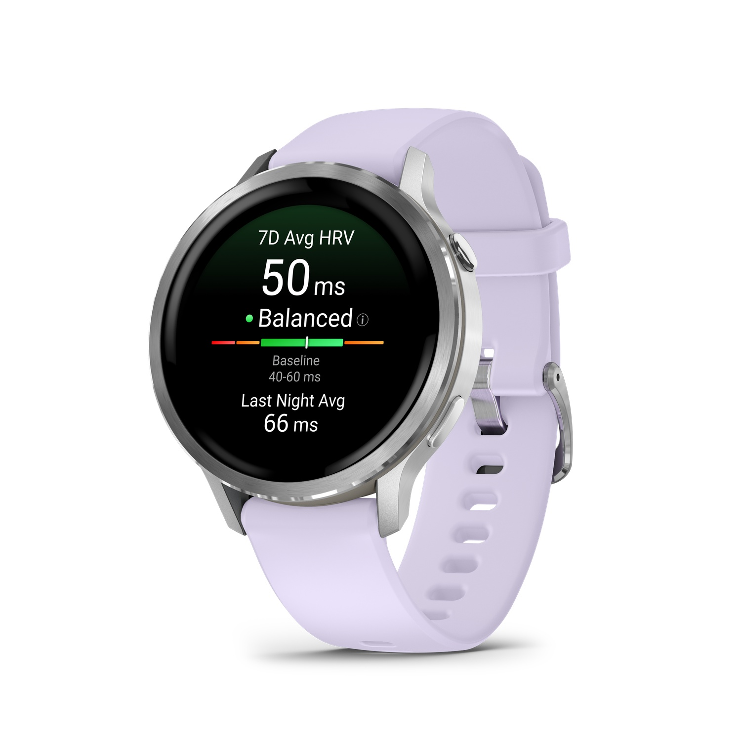 A light purple smartwatch displays health data: 50ms HRV, balanced, and 66ms last night avg. It has a silver frame and strap.