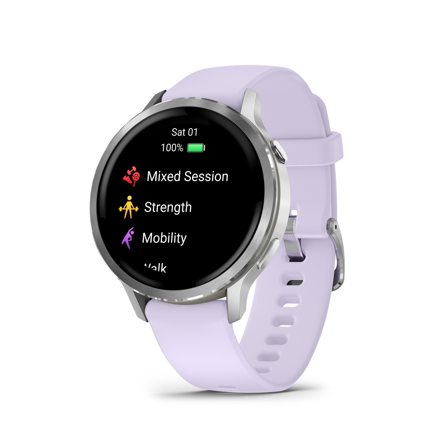 A light purple smartwatch displays Mixed Session, Strength, and Mobility options. It has a silver bezel and a full battery.