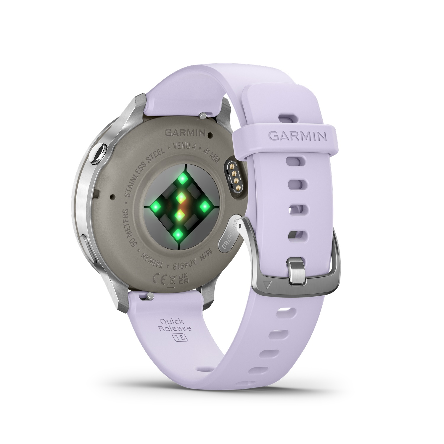 A Garmin Venu 4 smartwatch with a lavender strap is shown. The watch has a silver bezel. The back shows sensors.