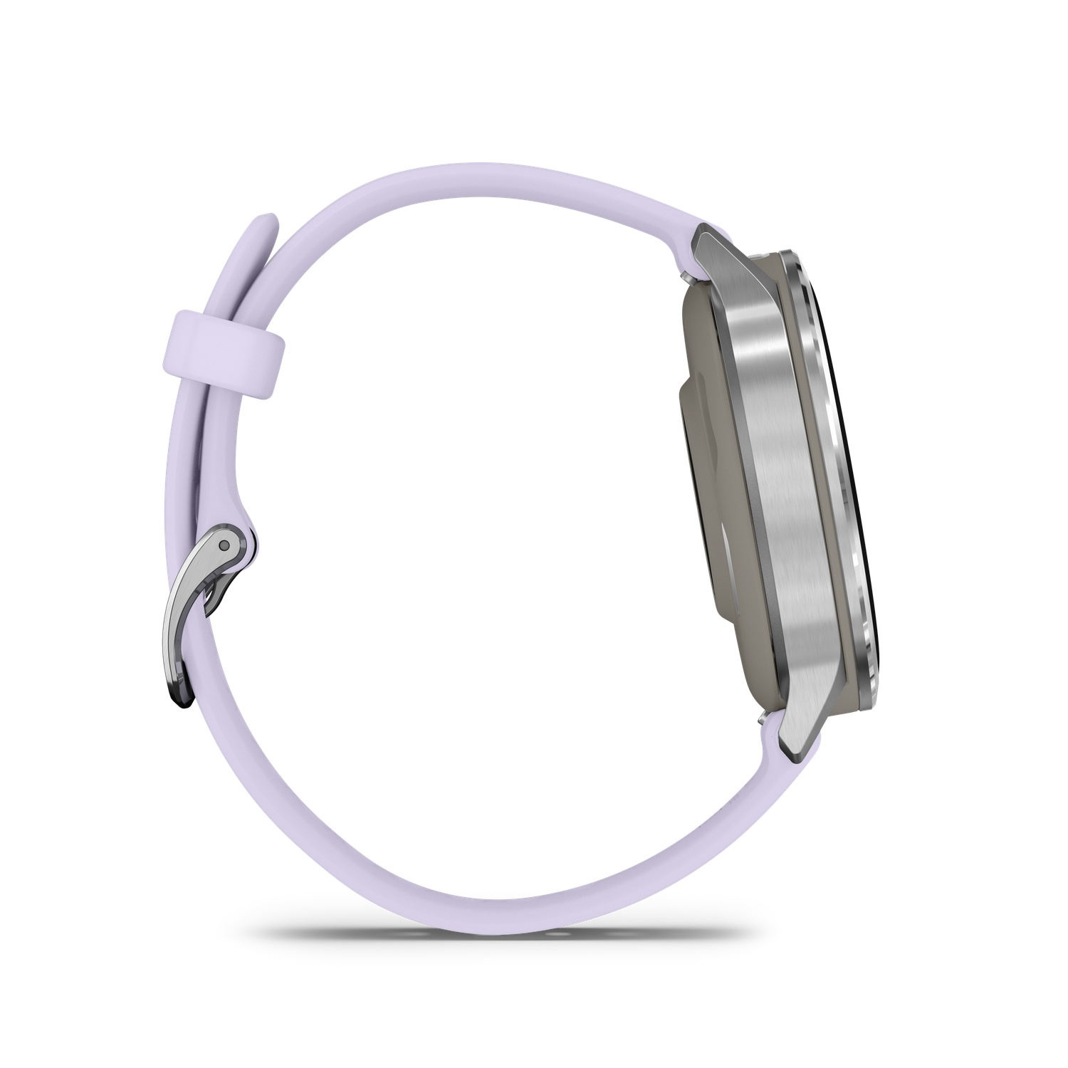 A side view of a smartwatch with a light purple band and a silver watch face. The watch is on a white background.