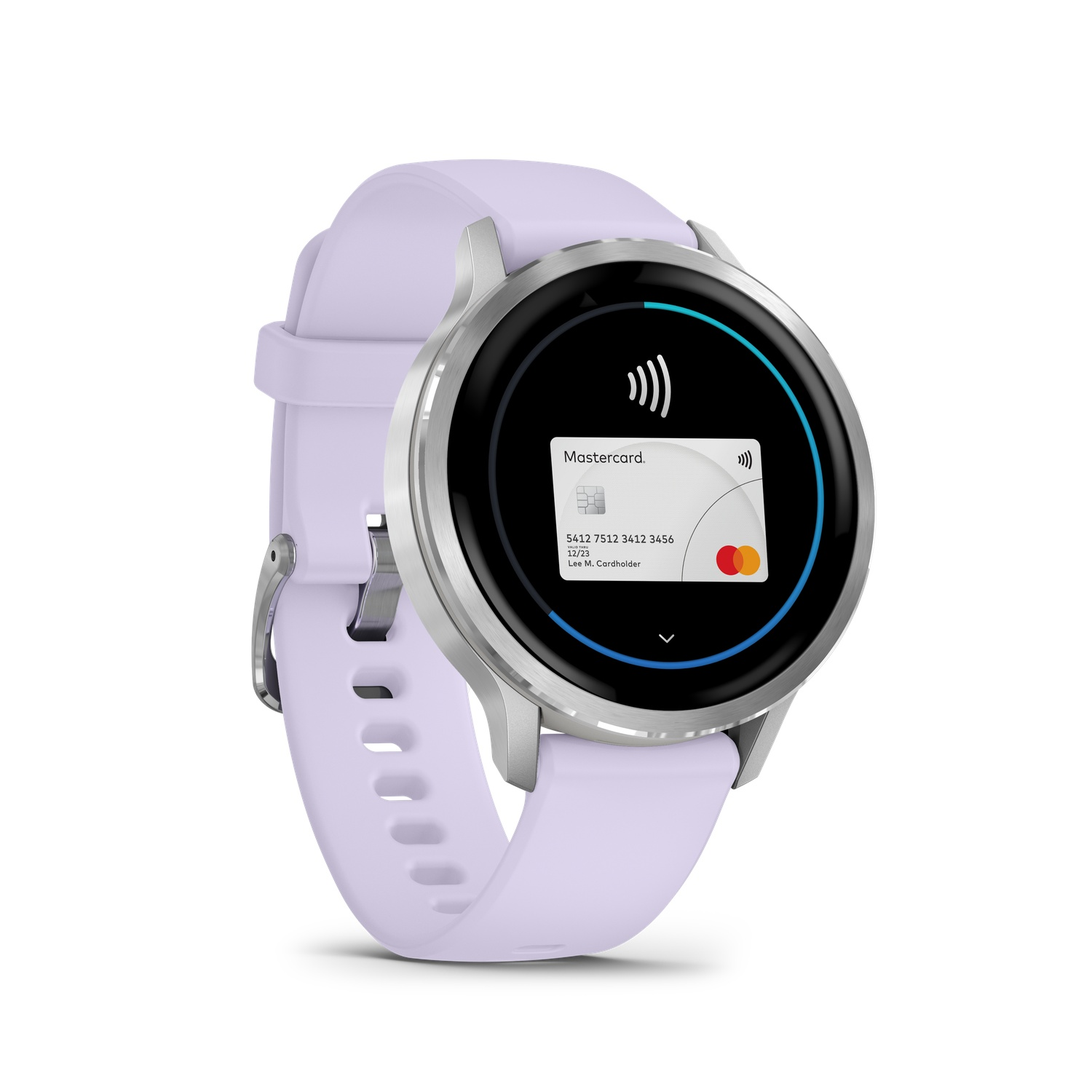 A smartwatch with a purple strap displays a Mastercard payment screen.