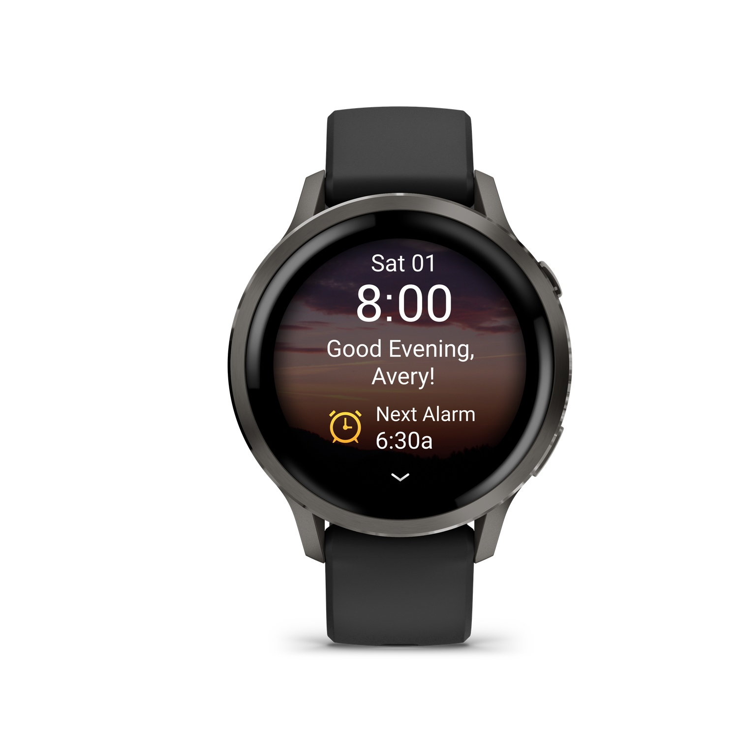 A smartwatch displays 8:00, Saturday, and a sunset. It says 'Good Evening, Avery!' and 'Next Alarm 6:30a'.