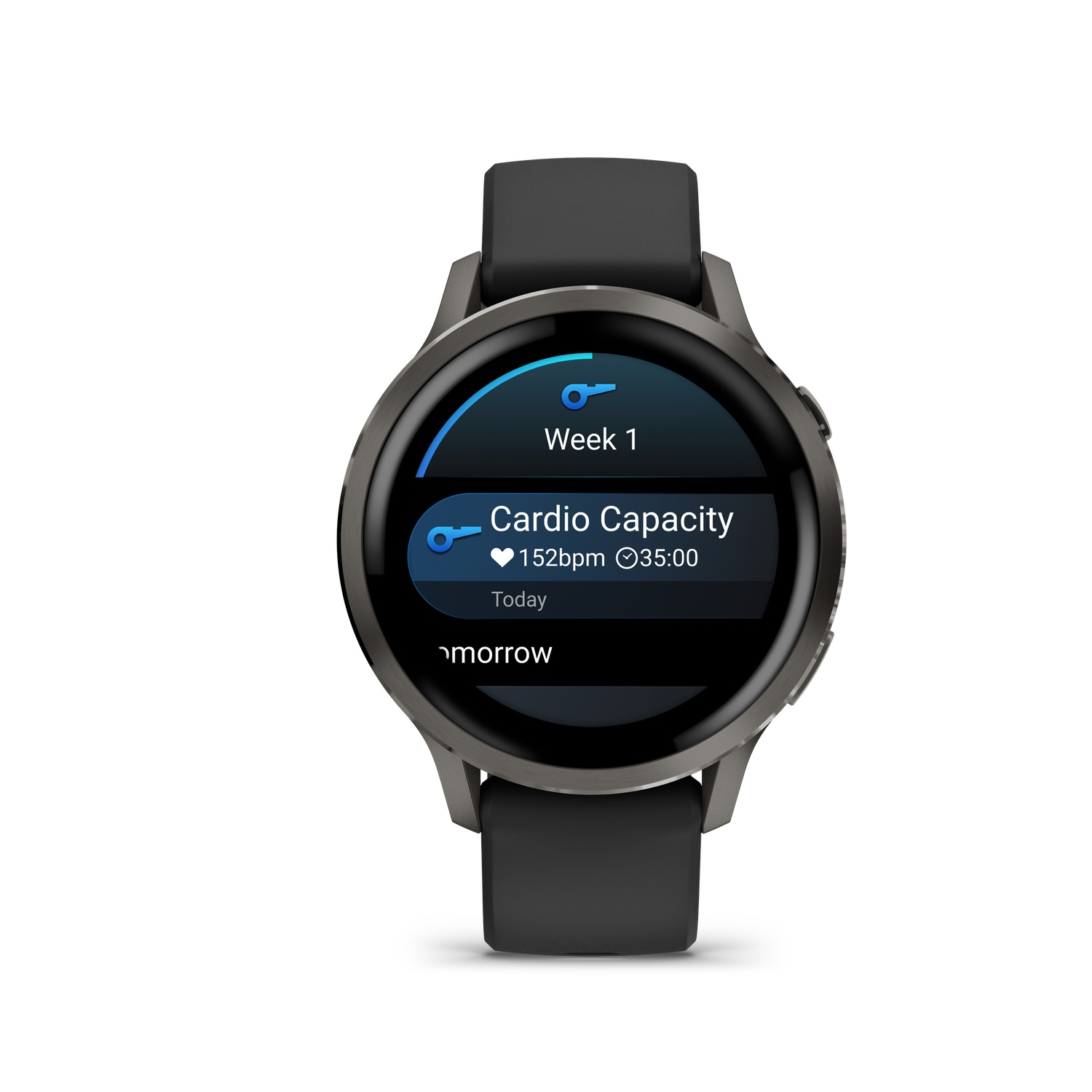 A smartwatch displays cardio data: 152bpm, 35:00, and 'Week 1'. The watch is black with a grey metal case and a black strap.