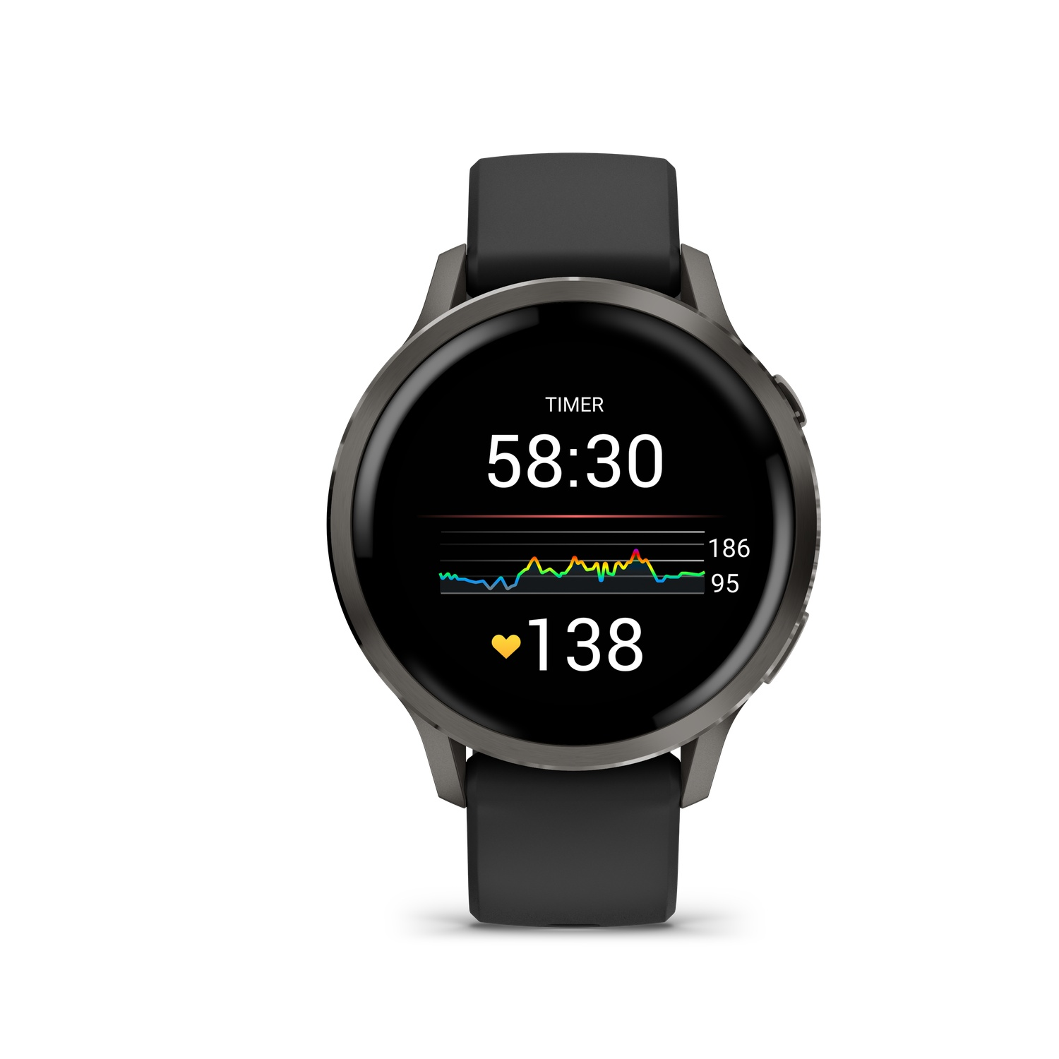 A smartwatch displays a timer at 58:30, a heart rate of 138, and a heart rate graph.
