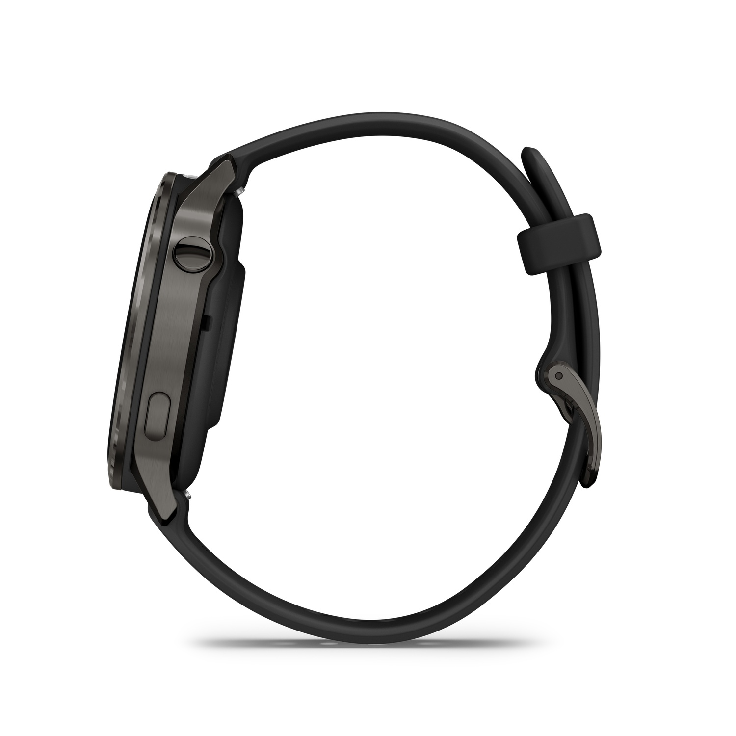 A black smartwatch with a dark gray bezel and black strap is displayed on a white background, side view.