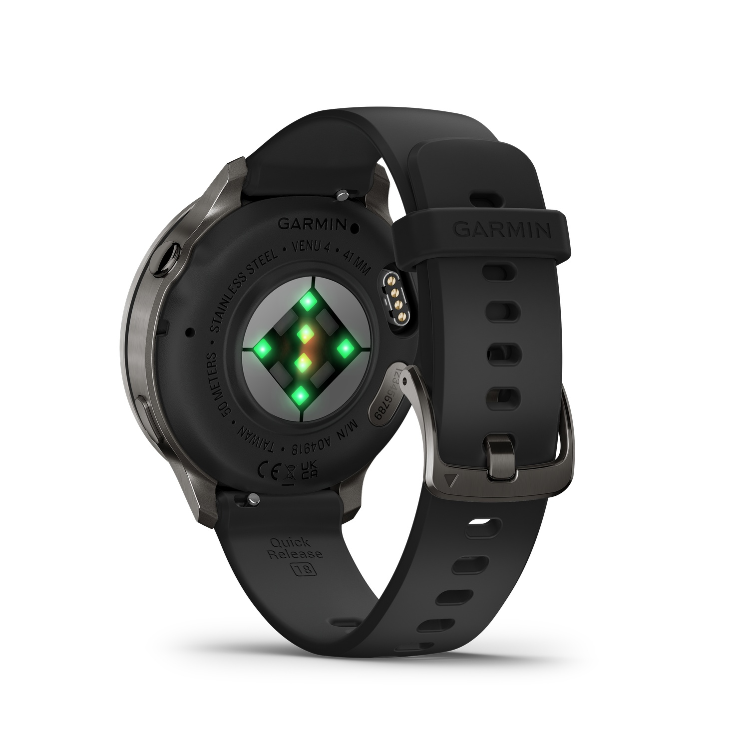 Black Garmin Venu 4 smartwatch, stainless steel case. Features heart rate sensor, black strap, and buckle. White background.