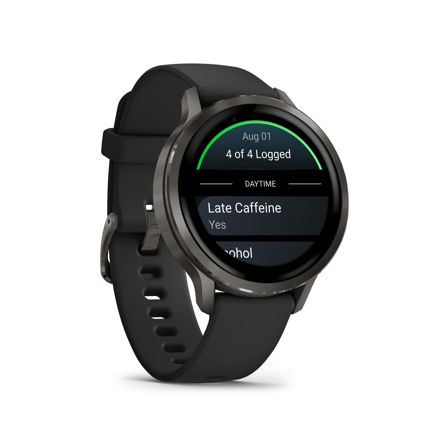 A black smartwatch displays 'Aug 01, 4 of 4 Logged' and 'Late Caffeine: Yes.' The watch is on a white background.