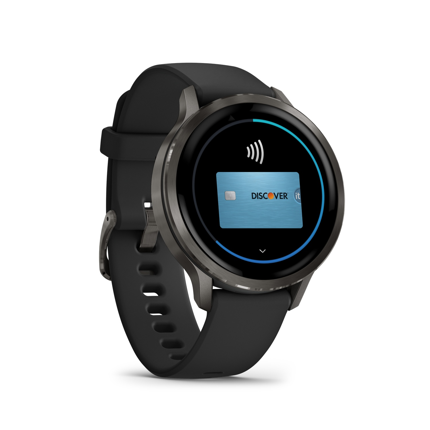 A black smartwatch with a Discover card image on the screen. The watch is on a white background. It shows a payment interface.