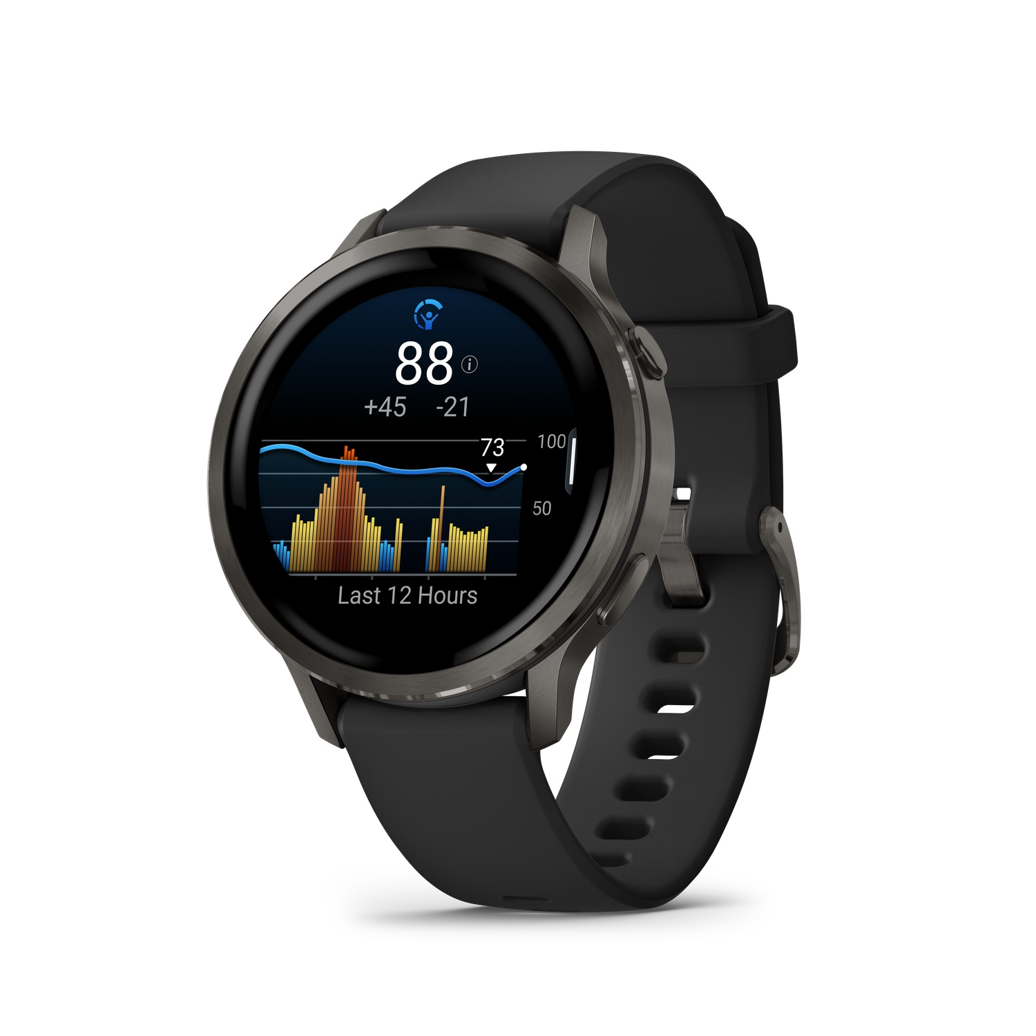A black smartwatch displays health data. The watch has a dark gray case and a black band, and the screen shows a graph and numbers.
