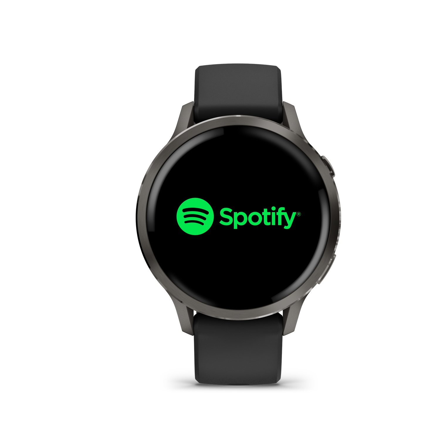 A smartwatch with a black screen displaying the Spotify logo. The watch has a gray frame and black straps, set against a white backdrop.