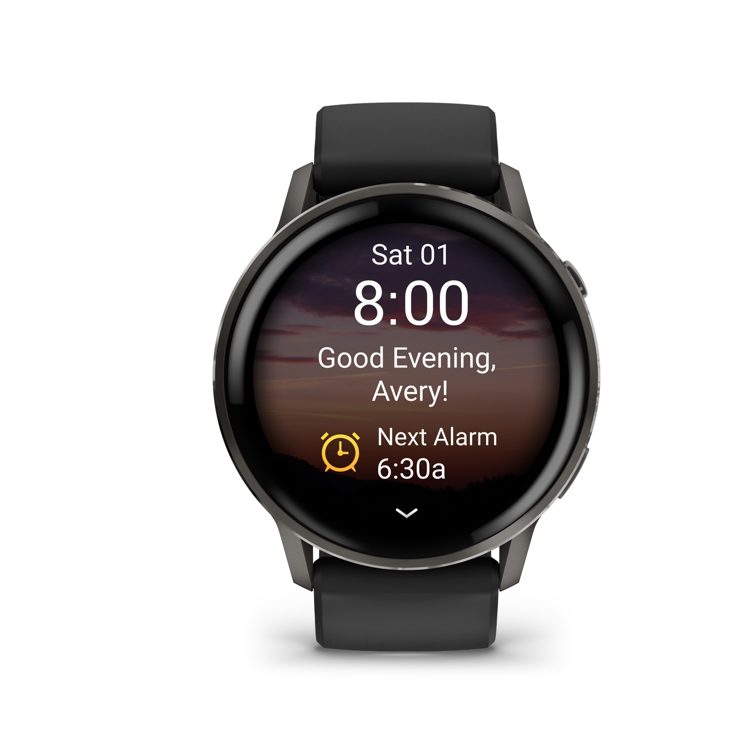 A black smartwatch displaying time and date. The screen shows 'Good Evening, Avery!' and the next alarm at 6:30a.