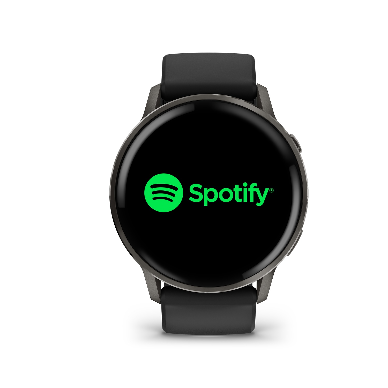 A smartwatch with a black screen displaying the Spotify logo in green and white. The watch has a black strap and a gray case.