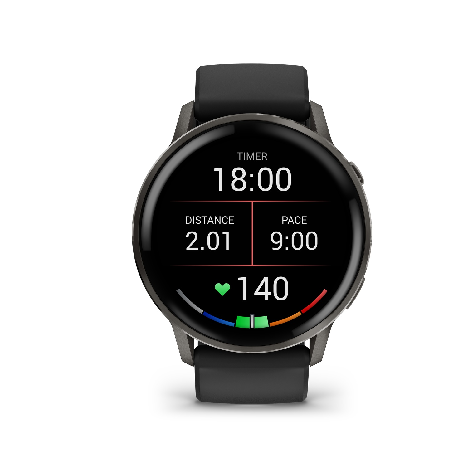 A smartwatch displays workout data: timer 18:00, distance 2.01, pace 9:00, heart rate 140. A heart icon is shown.