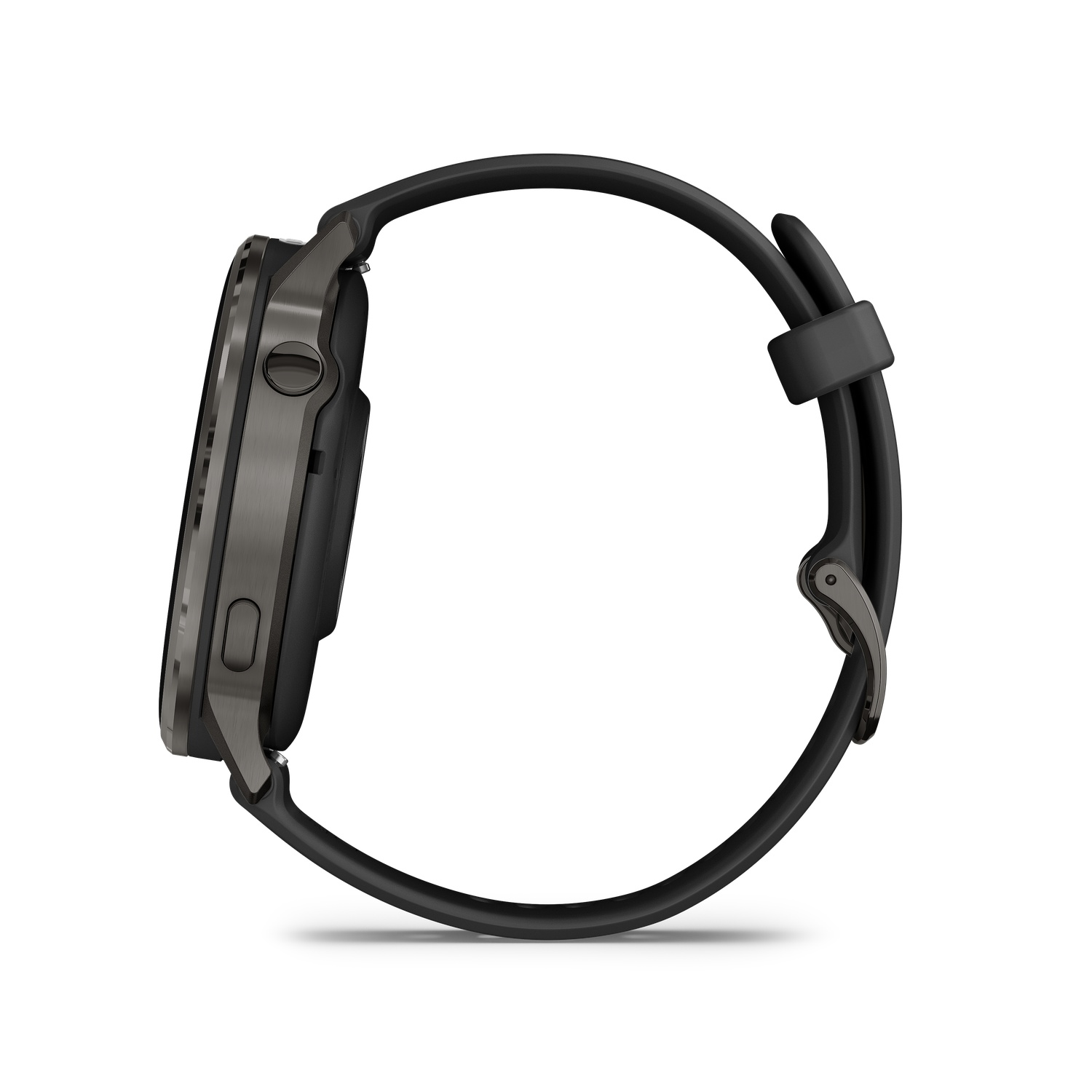 A black smartwatch with a dark gray bezel and black band is shown from the side against a white background. The watch is angled.
