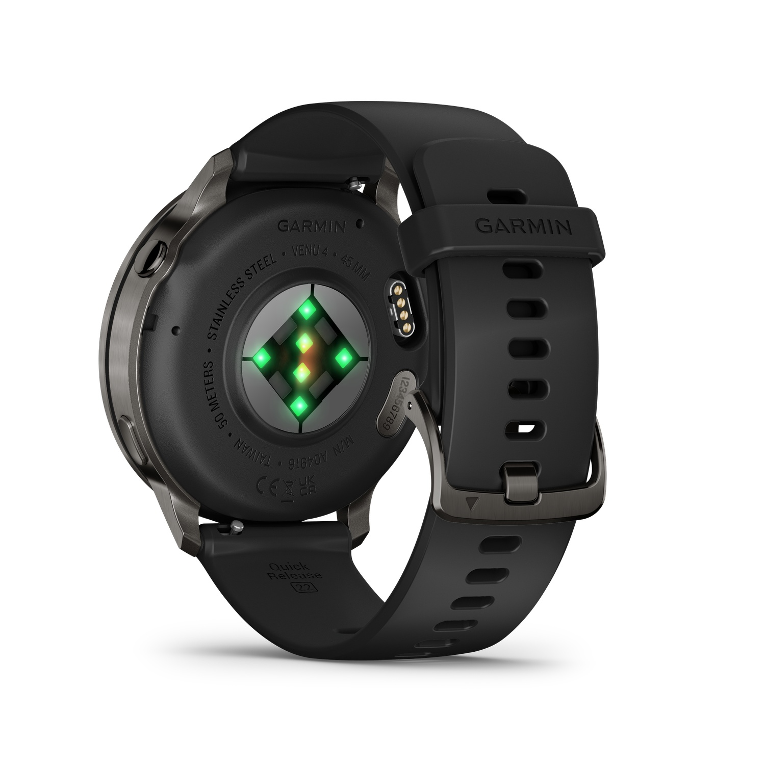 Black Garmin Venu 4 smartwatch. Features a black band, stainless steel casing, and a heart rate sensor. The watch is angled.