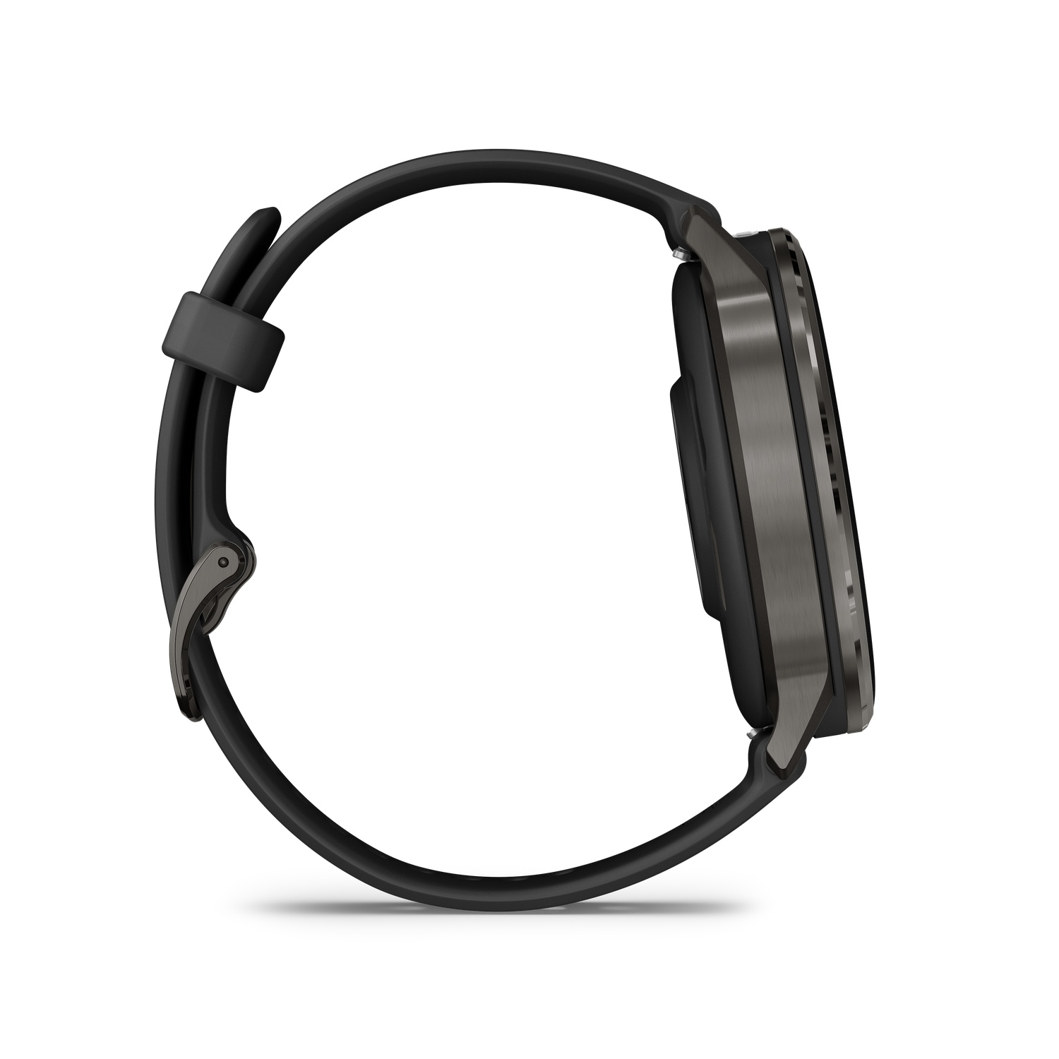 Side view of a black smartwatch with a dark metallic bezel and a black strap. The watch is on a white background.