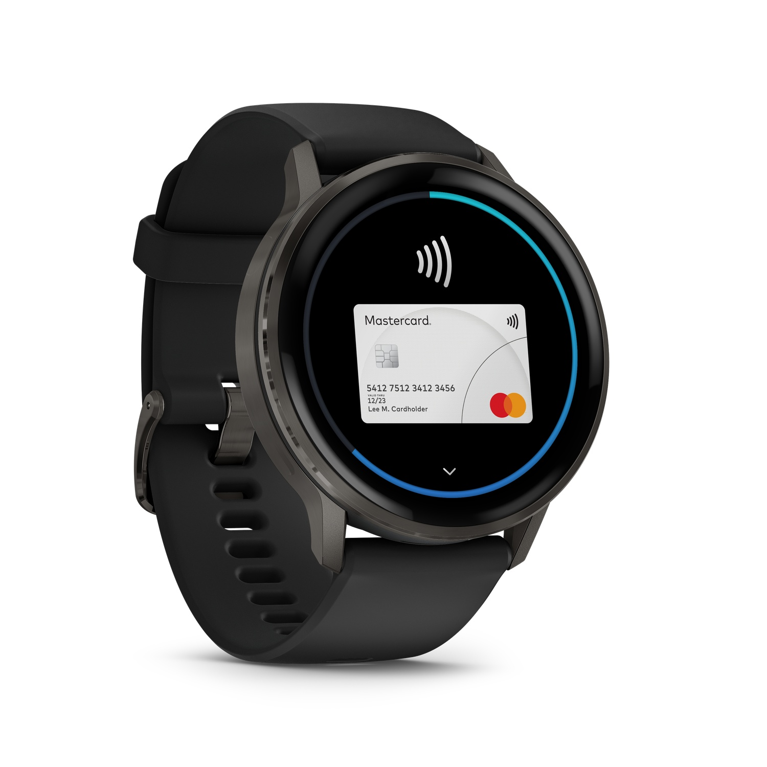 A black smartwatch displays a Mastercard credit card on its screen. The watch has a black band and casing, set against a white background.