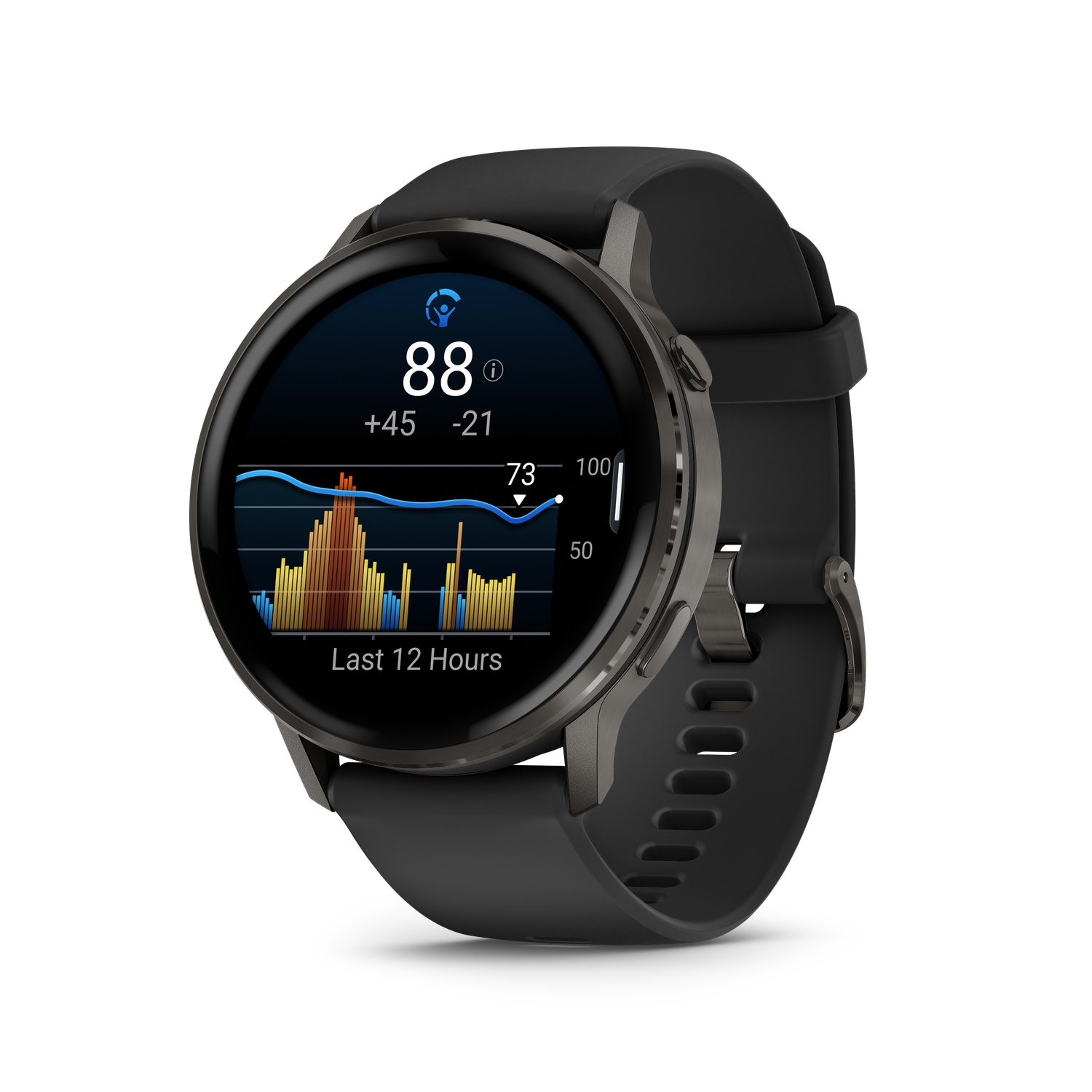 Black smartwatch with a round display showing health metrics. The screen displays a graph and numbers, with a black strap.