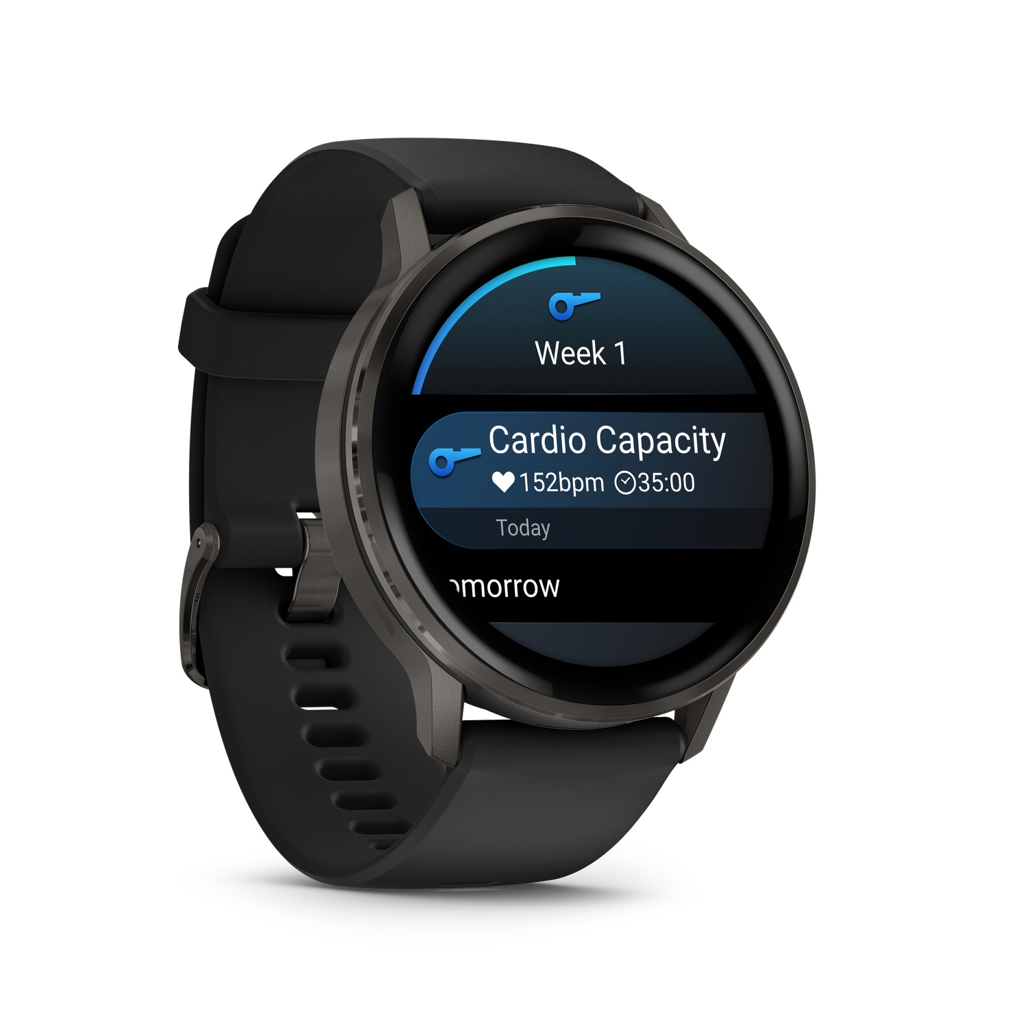 A black smartwatch displays workout data, including cardio capacity, heart rate, and time. The watch has a black band and a round screen.