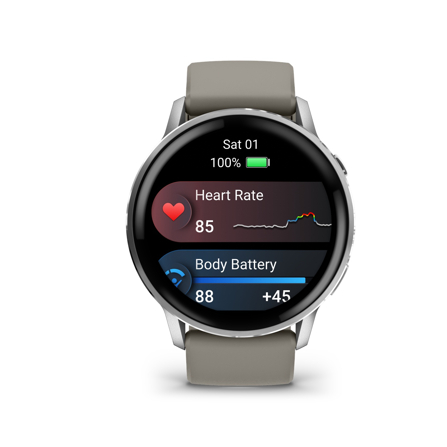 A smartwatch displays heart rate as 85 bpm and body battery at 88. The watch is silver with a gray strap.