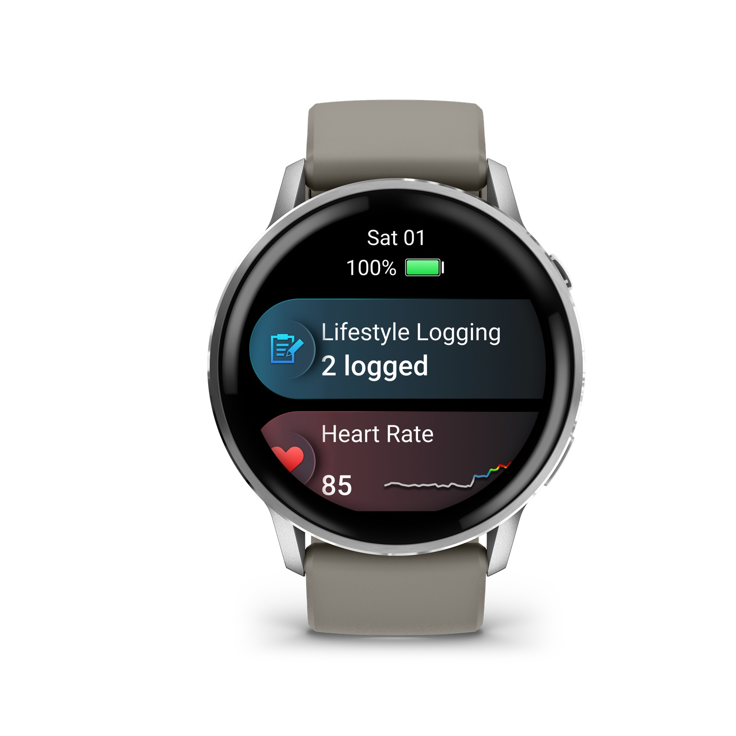 A smartwatch displays lifestyle logging and heart rate data. The screen shows 'Lifestyle Logging' and 'Heart Rate' with a reading of 85.