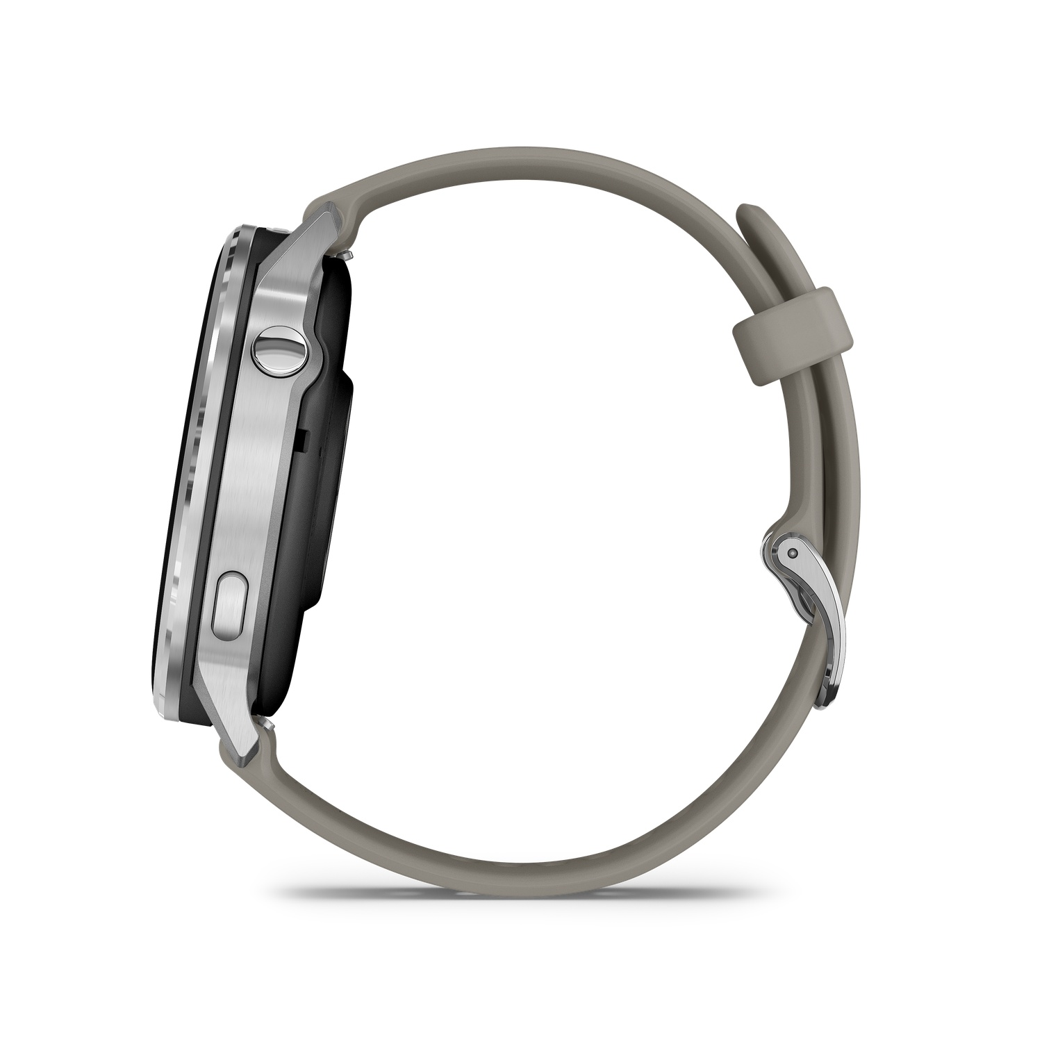 Side view of a silver smartwatch with a gray strap. The watch has two buttons and a black screen. Strap is buckled.