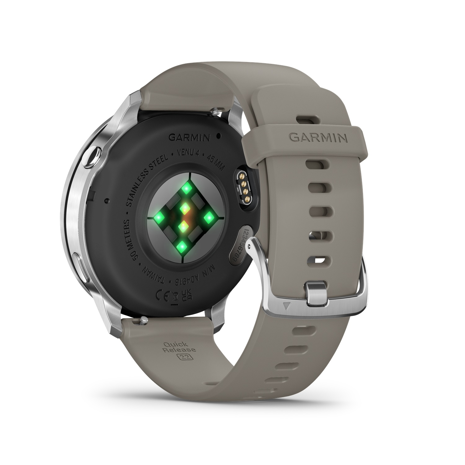 A gray Garmin Venu 4 smartwatch, showing the back and strap. The watch has a black sensor area with green lights.