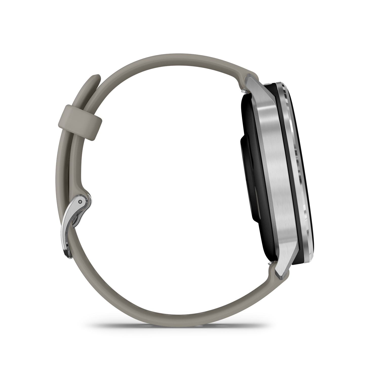 A side view of a smartwatch with a gray band. The watch face is black and silver. The band has a buckle closure.