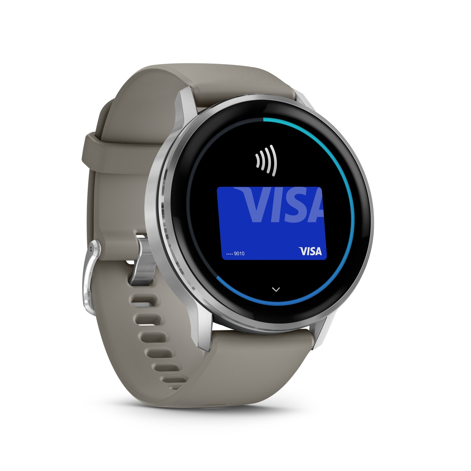 A smartwatch with a gray strap and a black face showing a VISA card. The watch is on a white surface.