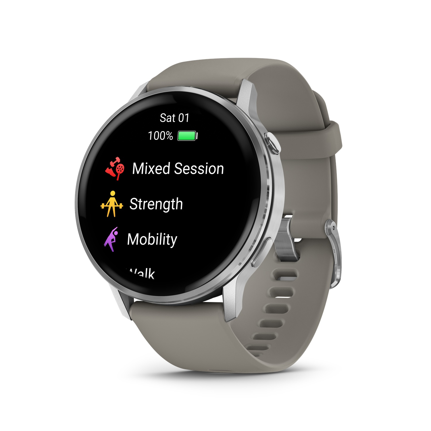 A smartwatch displays 'Mixed Session', 'Strength', and 'Mobility' options. It has a grey band and a silver bezel, showing battery at 100%.