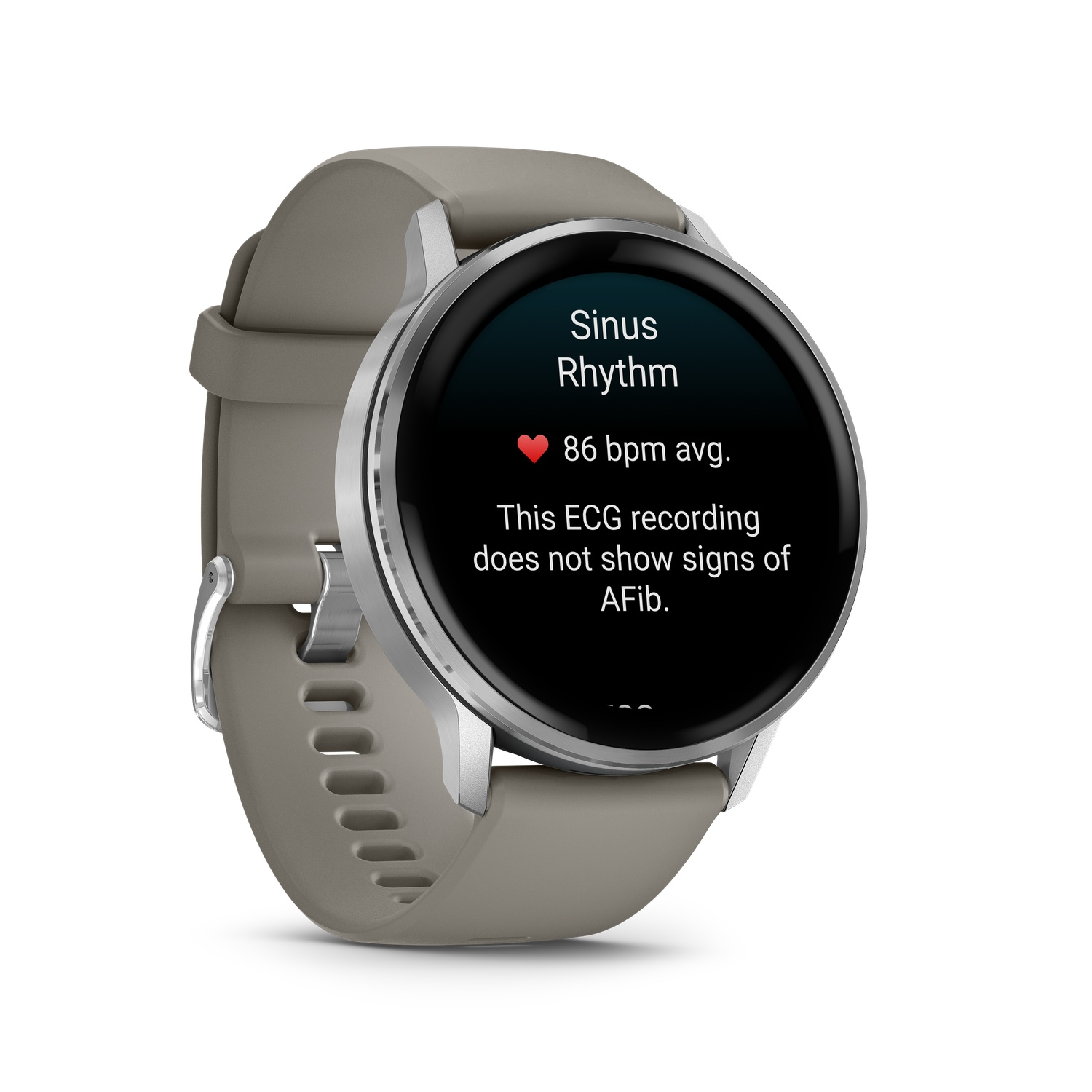 A smartwatch displays 'Sinus Rhythm', 86 bpm avg., with a heart icon. The watch is gray with a silver bezel and band.