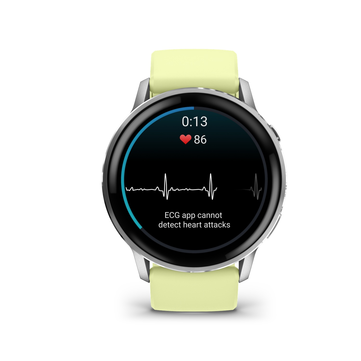 A smartwatch displaying an ECG reading. The time is 0:13 with a heart rate of 86. The screen says, ECG app cannot detect heart attacks.