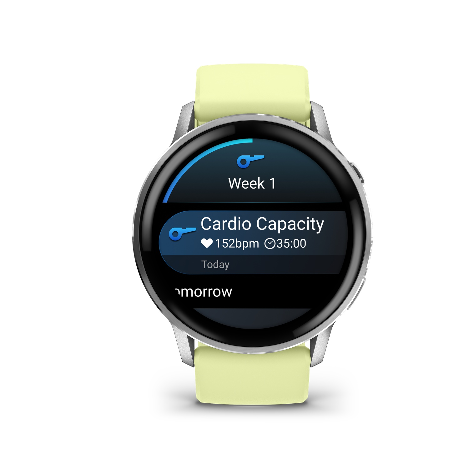 A smartwatch displays 'Week 1' and 'Cardio Capacity'. It shows 152bpm, 35:00, and 'Today'. The watch has a light green strap.