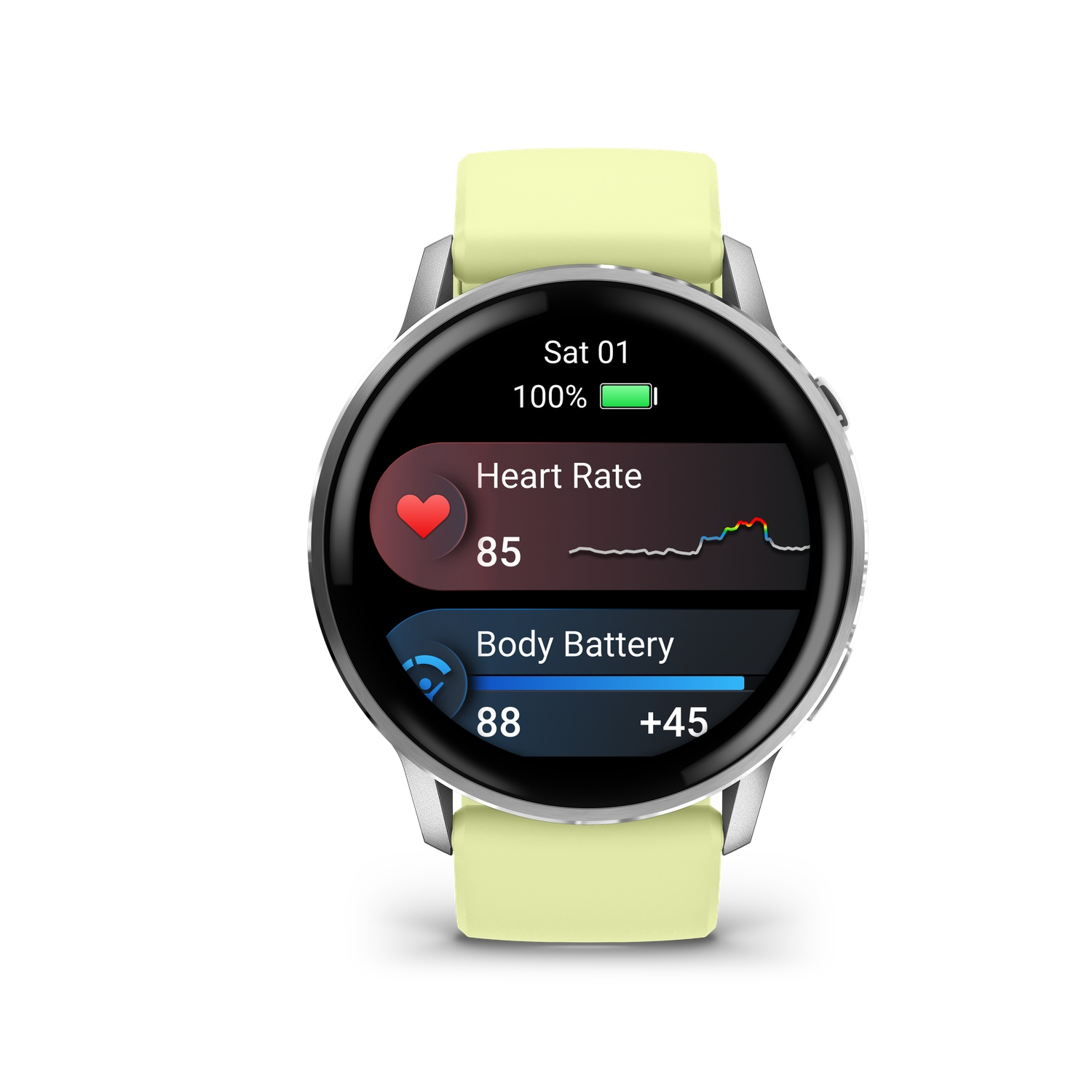 Smartwatch displaying heart rate 85, body battery 88, and battery 100%. It has light green straps and a silver case. White background.