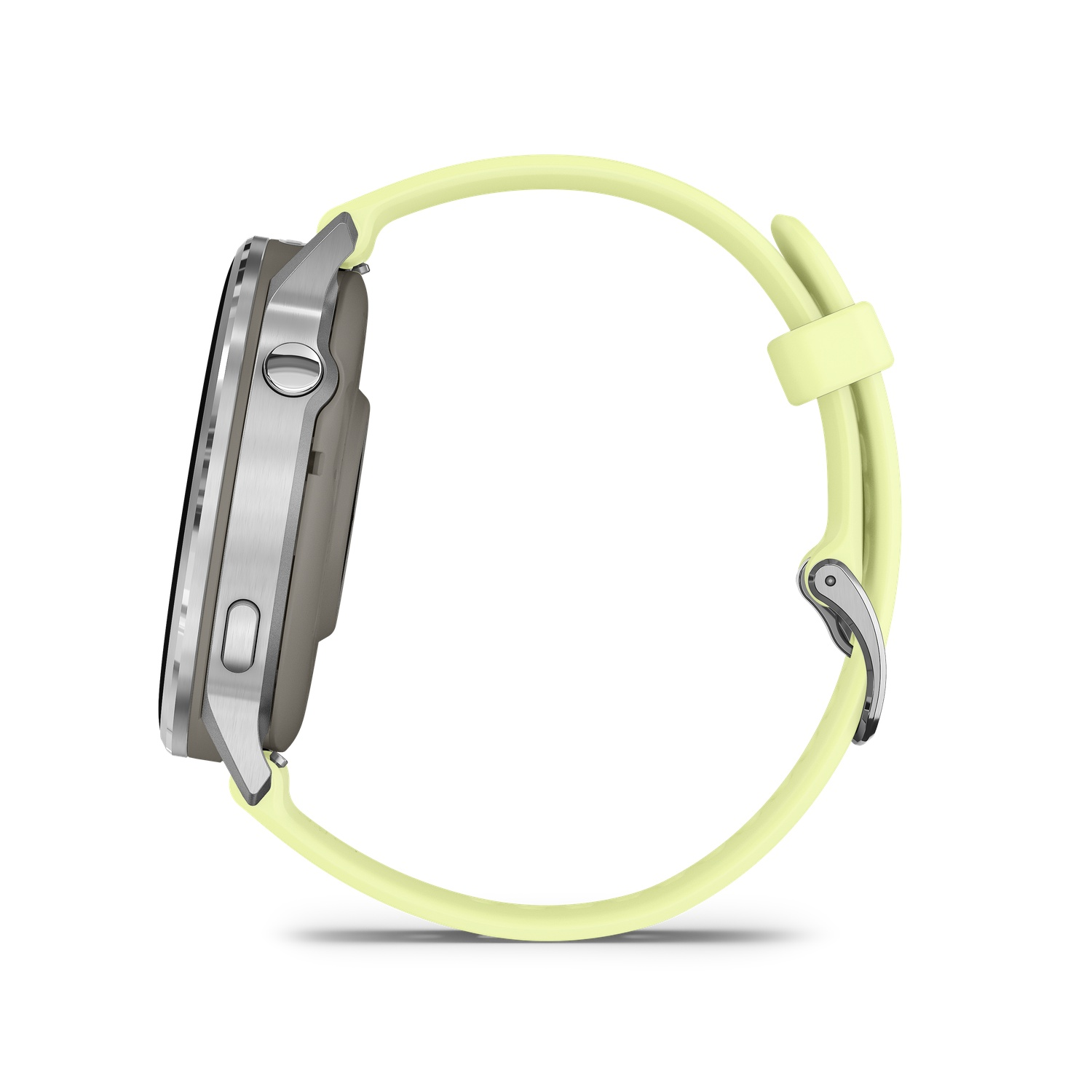 A side view of a smartwatch with a light green band. The watch has a silver casing and a black screen. The band is fastened.