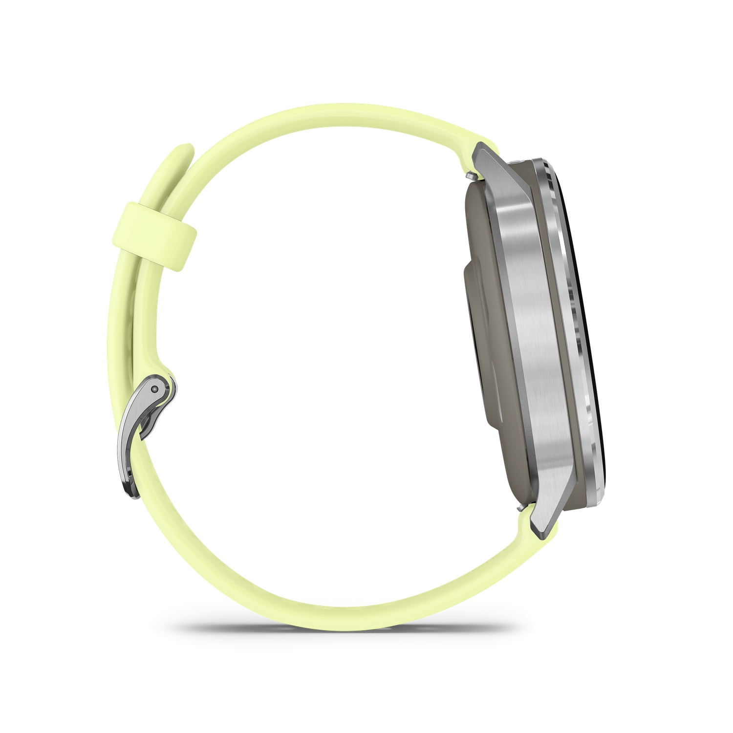 Side view of a smartwatch with a silver case and a pale yellow band. The watch is on a white background.