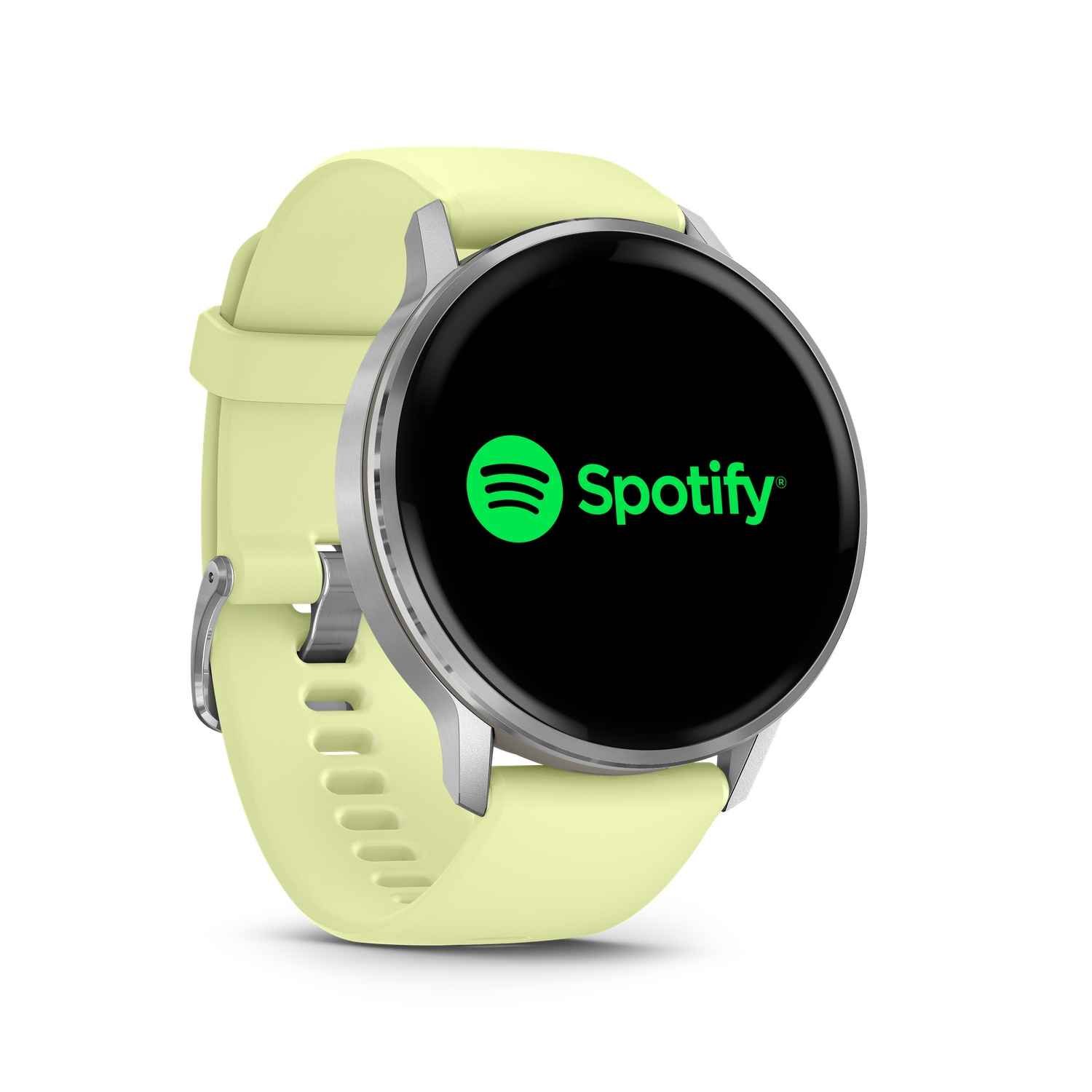 A smartwatch with a black screen displaying the Spotify logo, set against a light green strap. The watch is on a white background.