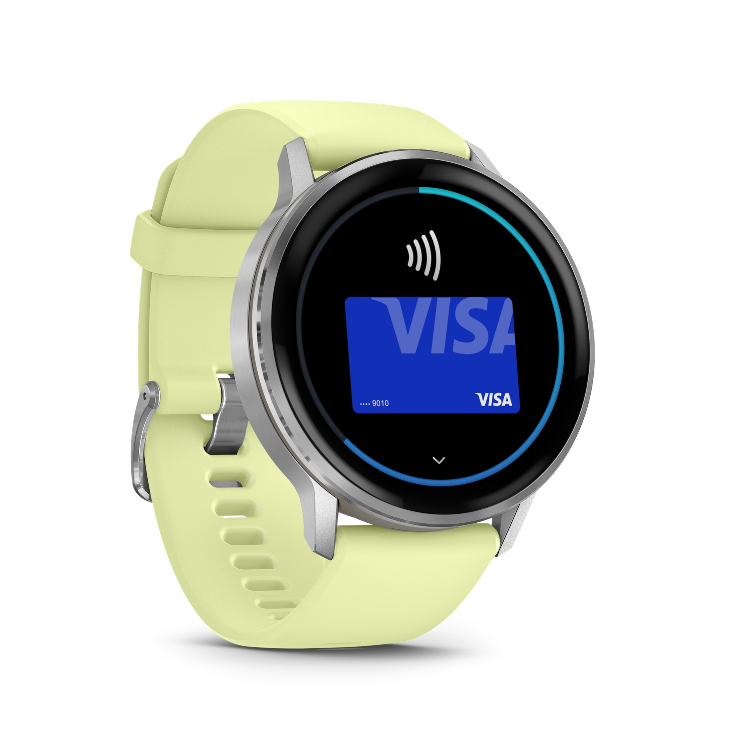 A smartwatch with a light yellow band and a black screen displaying a Visa card. The watch is on a white background.