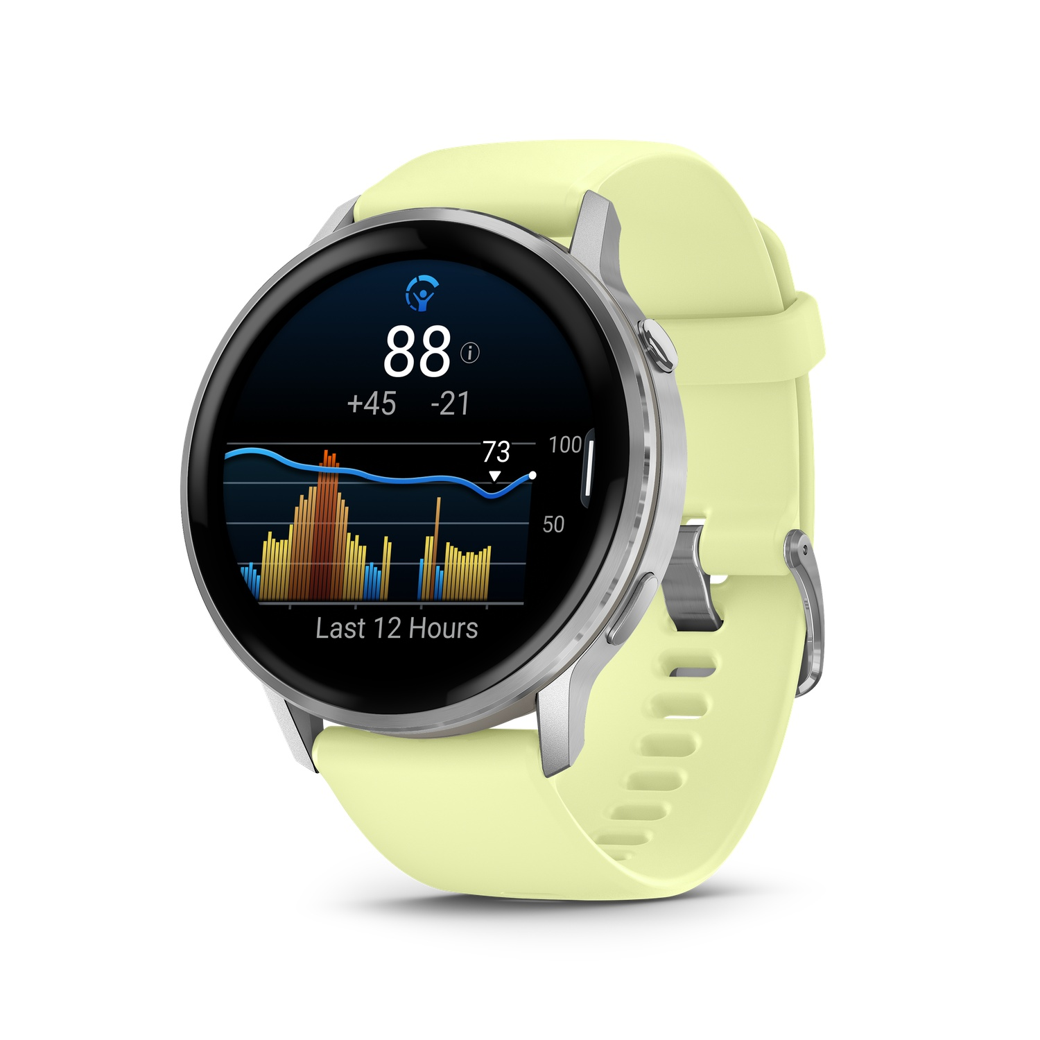 A light yellow smartwatch displays health data, including heart rate, and activity graphs. The band is light yellow, with a silver casing.