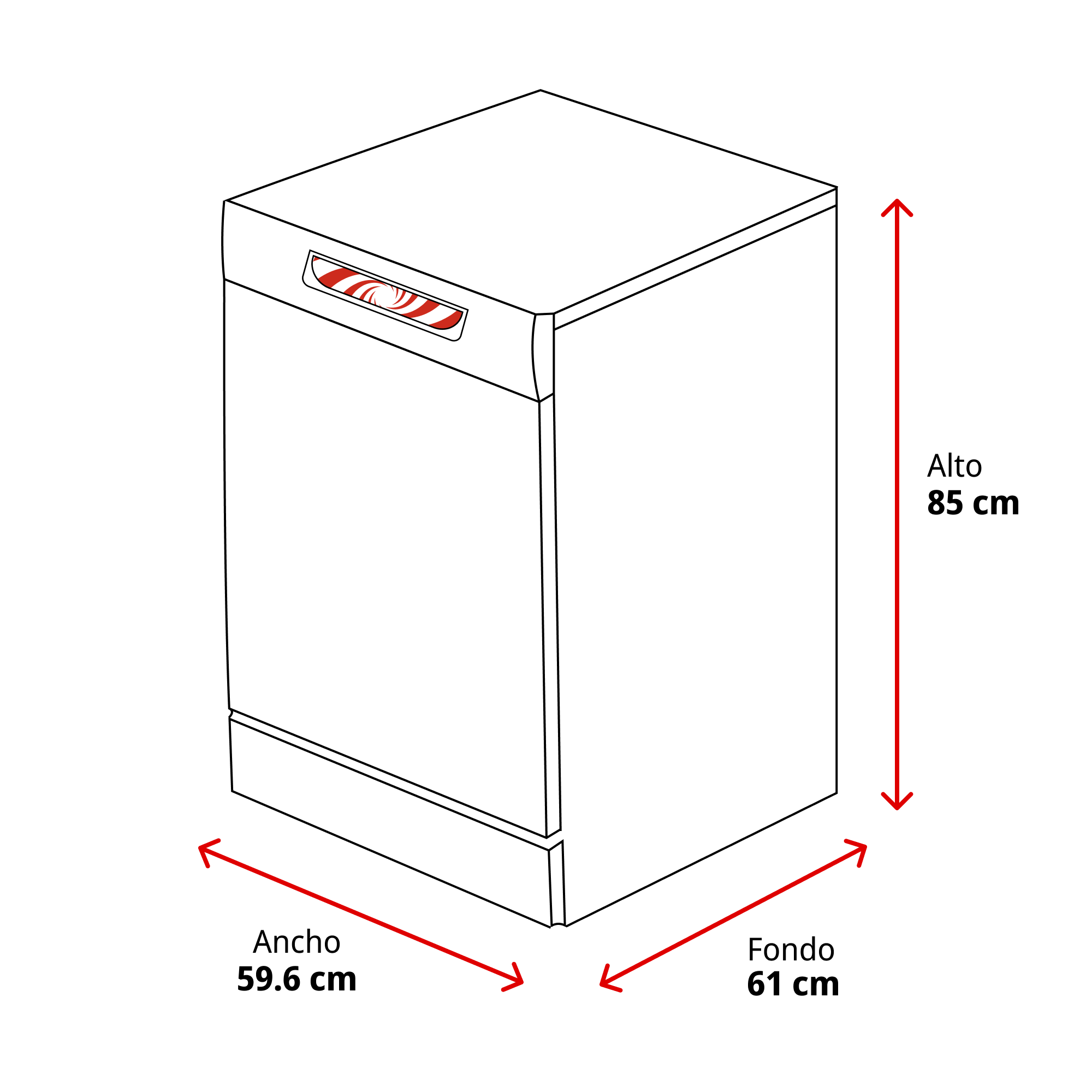 Un lavavajillas blanco con detalles rojos y dimensiones: ancho 59,6 cm, fondo 61 cm, alto 85 cm. Flechas indican medidas.