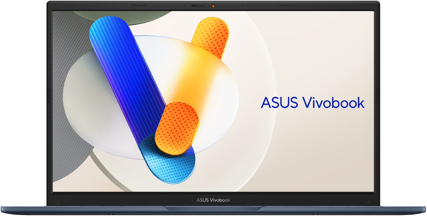Ordenador portátil con diseño abstracto colorido en la pantalla. Carcasa azul. Texto "ASUS Vivobook" en la pantalla.