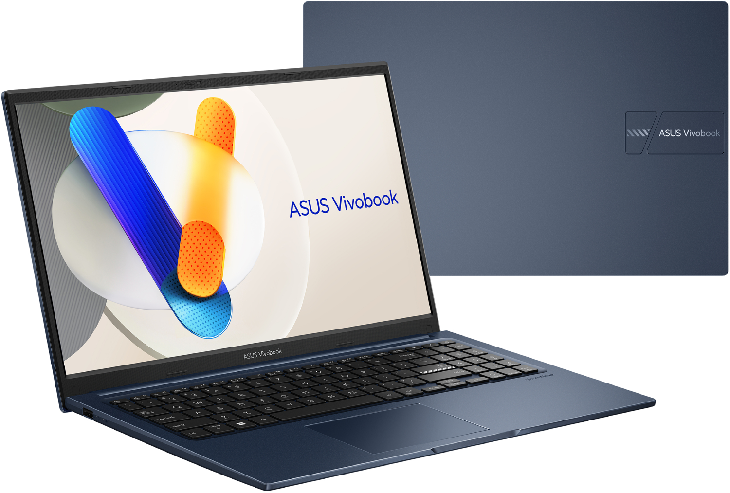 Un portátil ASUS Vivobook azul se muestra abierto, mostrando un gráfico colorido en la pantalla. También es visible la parte trasera.