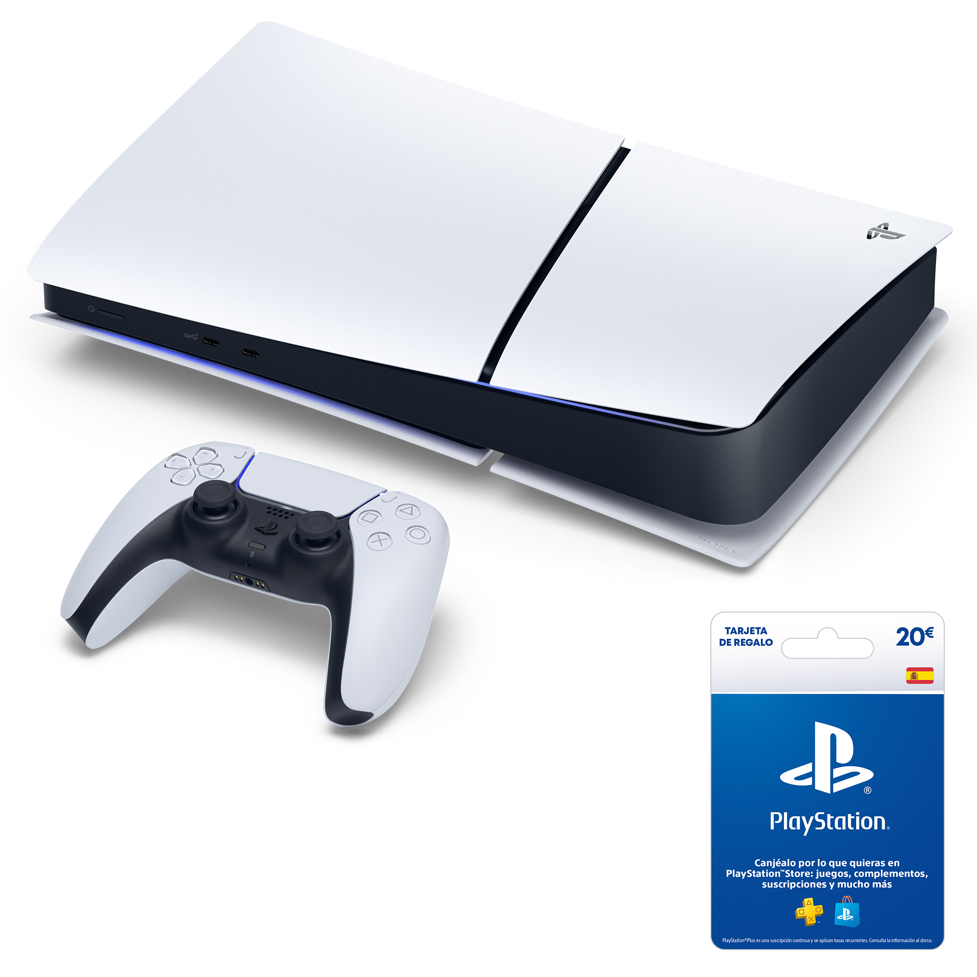 Una consola PlayStation 5 blanca, un mando y una tarjeta de regalo. La consola es blanca y negra, el mando también.