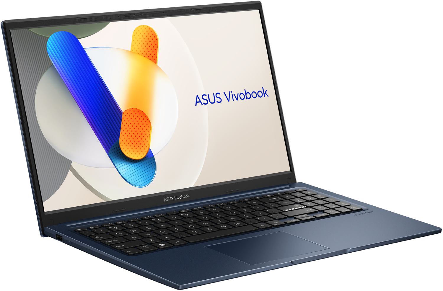 Una laptop ASUS Vivobook azul está abierta. La pantalla muestra arte abstracto y el nombre de la marca. El teclado y el panel táctil son visibles.