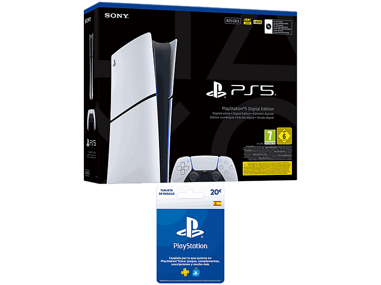 Consola - Sony PS5 Slim Digital Edition, 825 GB SSD, 4K, Chasis E, Blanco + Tarjeta PS Plus 20€